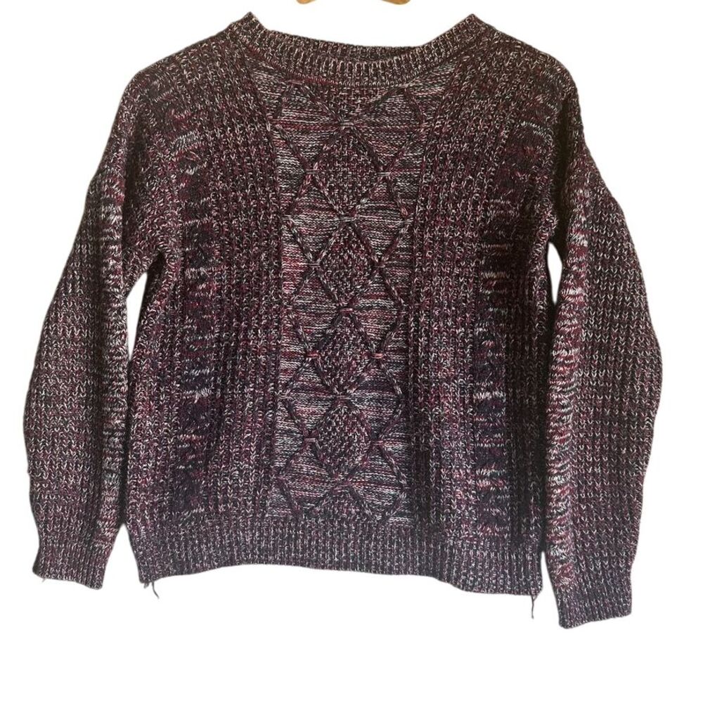 Marled Cable Knit Sweater Burgundy Gray White Winter‎ Cozy Pullover Medium